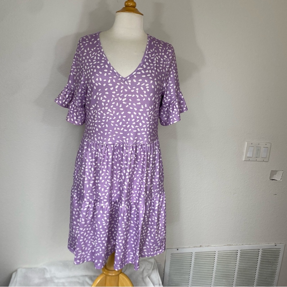 NCLOOK Women Purple V Neck Flute Sleeve Tiered Flowy Mini Dress Size Medium Boho